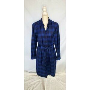 Brooks Brothers Blue Plaid Wool Size 14 Belted Button Up Midi Dress Pockets Belt
